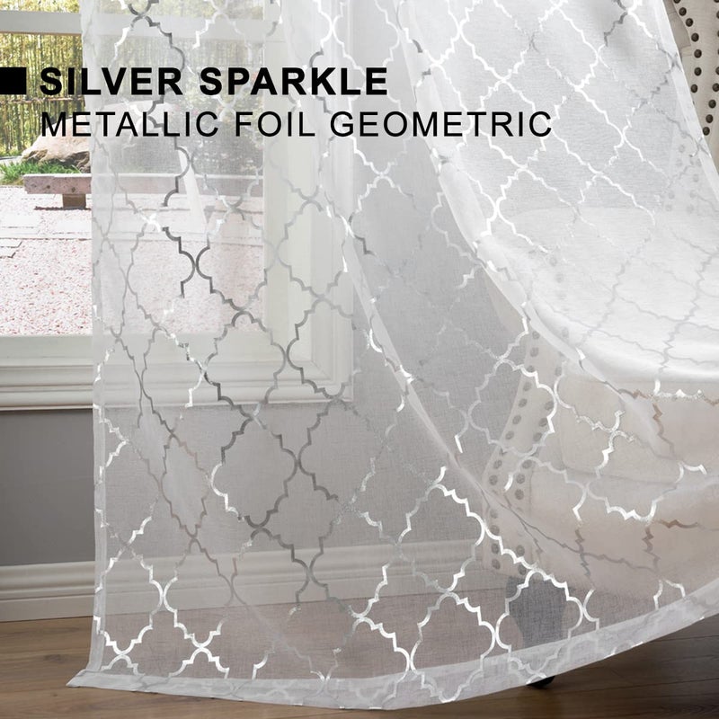 Kotile Silver White Sheer Curtains 72 Inch Length 2 Panels Metallic Moroccan Ogee Pattern Shimmer White Curtains for Bedroom, Rod Pocket Light Filtering Privacy Sheer Window Curtains, W52 x L72 Inch - Image 4